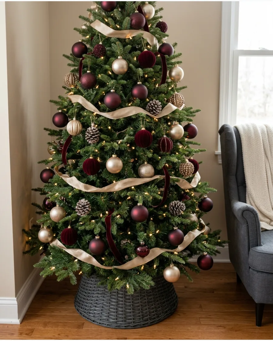 6. Burgundy and Matte Gold Christmas Tree