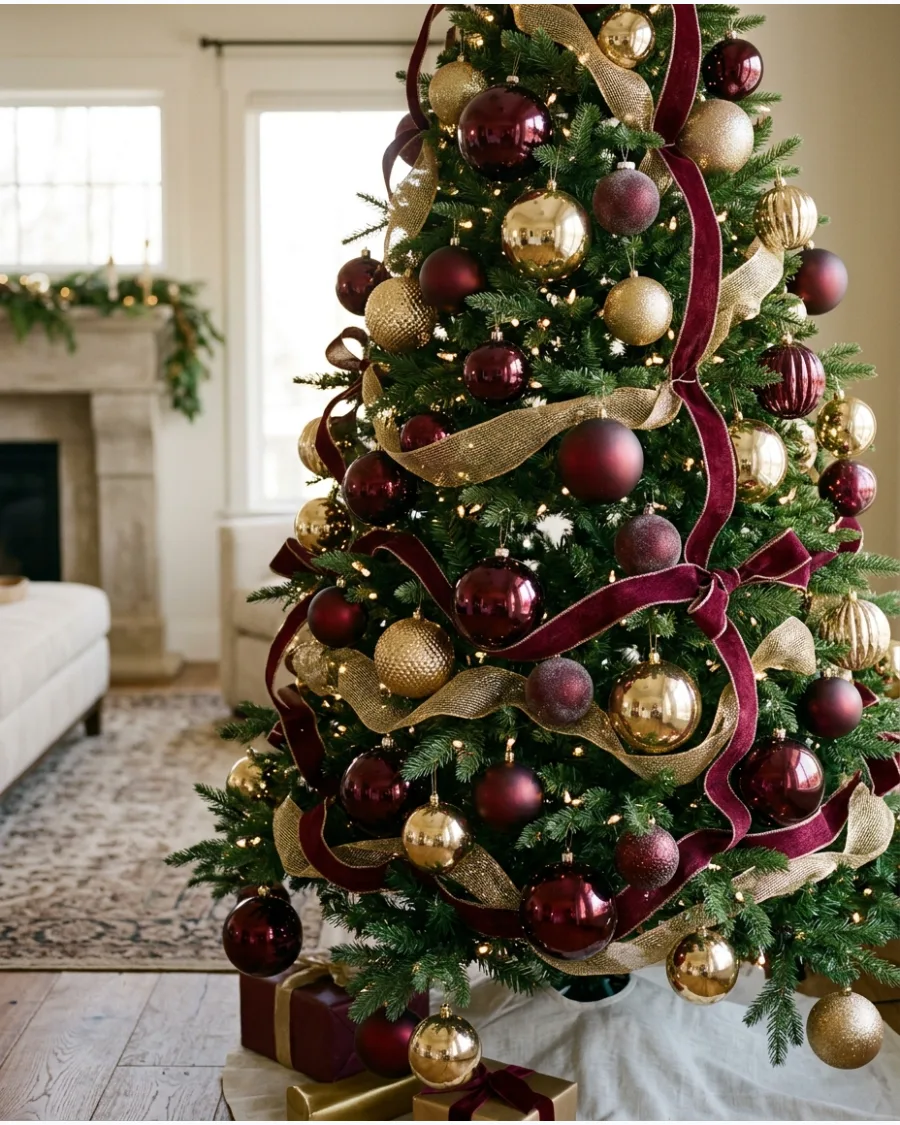 7. Burgundy and Shiny Gold Christmas Tree