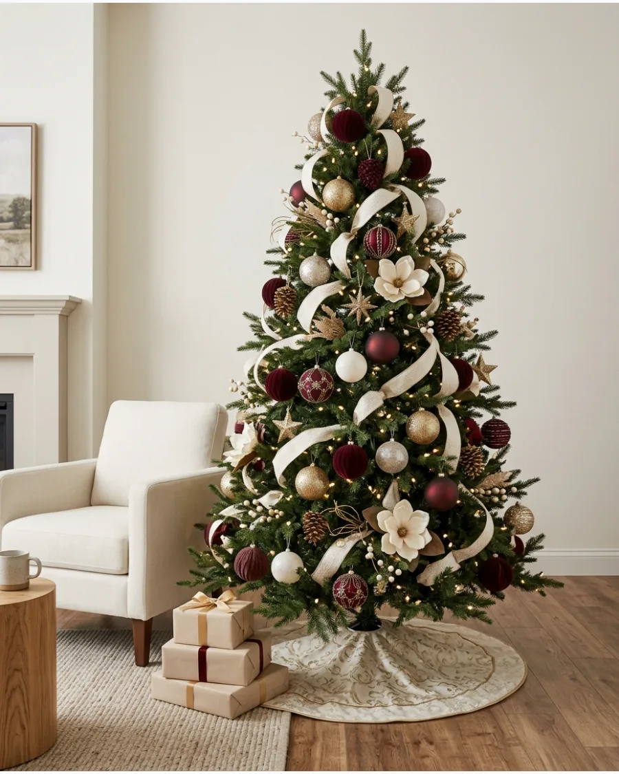 9. Burgundy, Gold, and Cream Christmas Tree