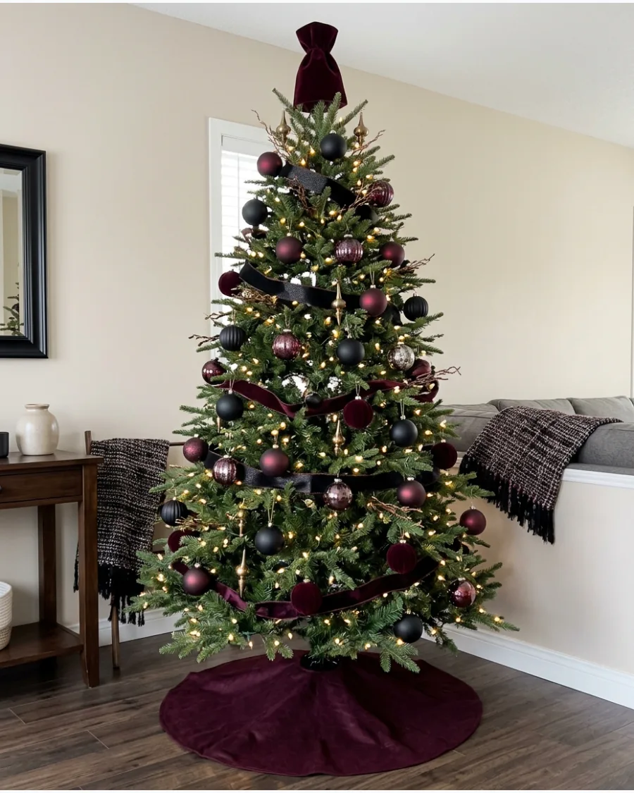 10. Burgundy and Black Christmas Tree