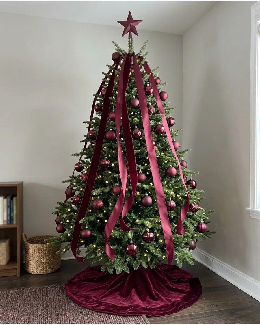 12. Cascading Burgundy Ribbon Christmas Tree