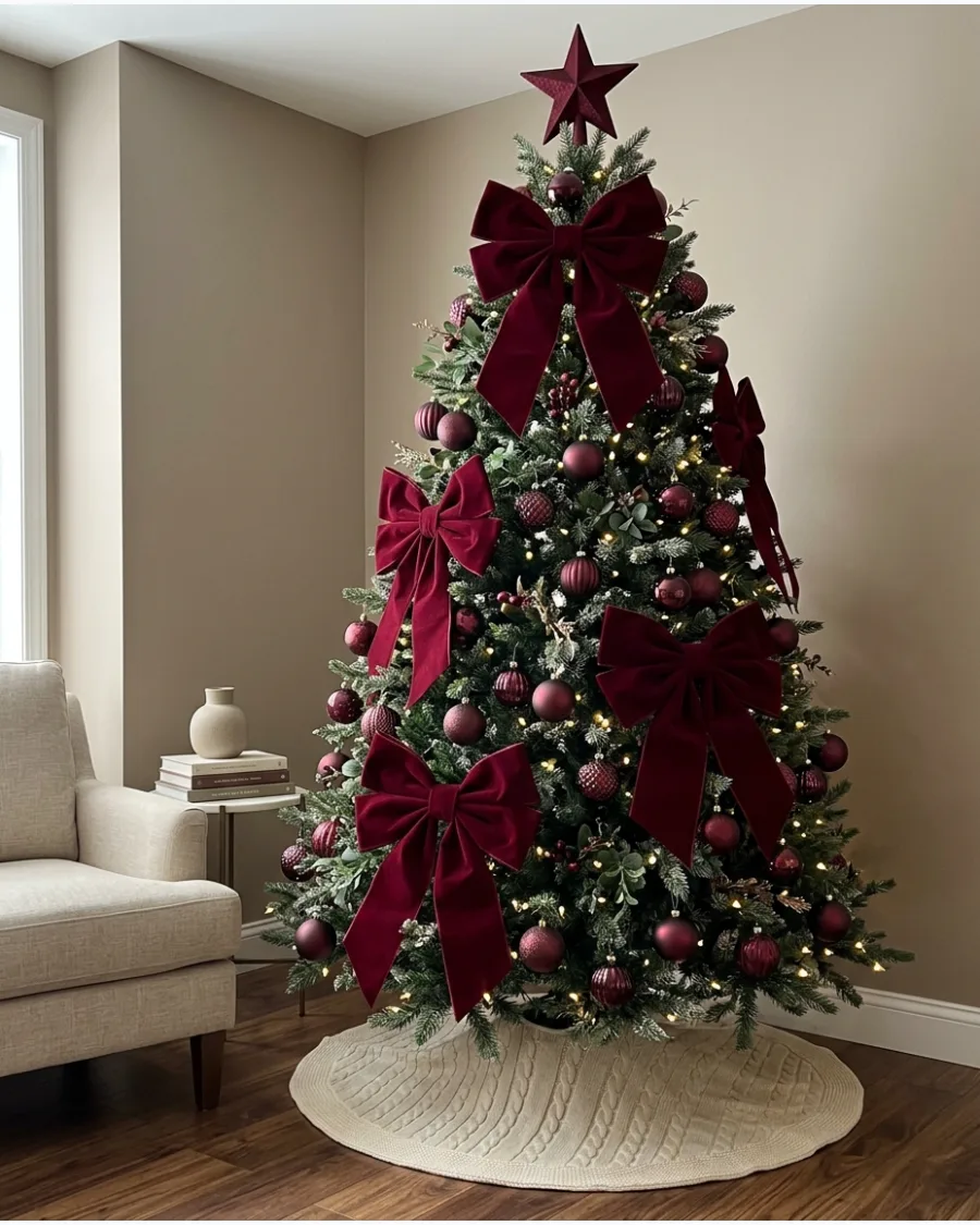 14. Oversized Burgundy Bow Christmas Tree