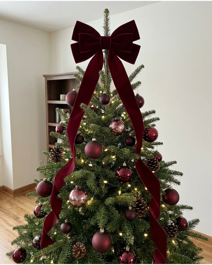 15. Giant Burgundy Bow Tree Topper