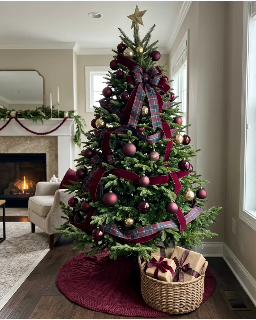 16. Burgundy and Plaid Ribbon Christmas Tree
