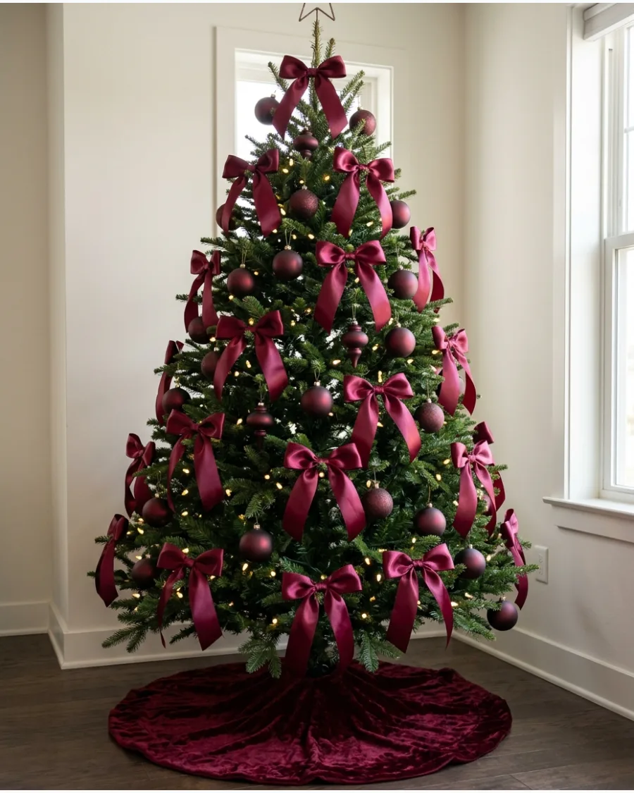 17. Burgundy Satin Bow Christmas Tree