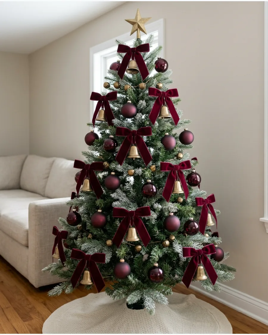 18. Burgundy Ribbon and Bell Christmas Tree