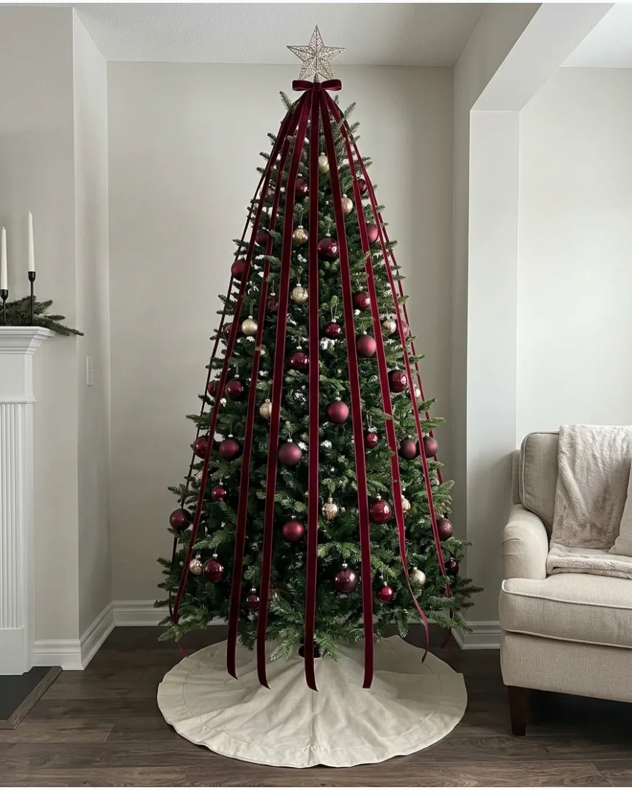 19. Burgundy Ribbon Waterfall Christmas Tree