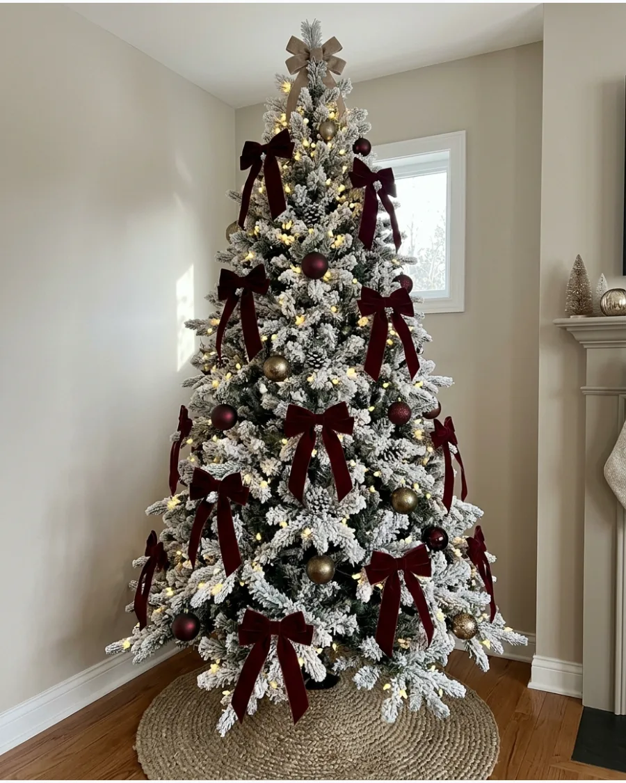 22. Burgundy Bows on a Flocked Christmas Tree