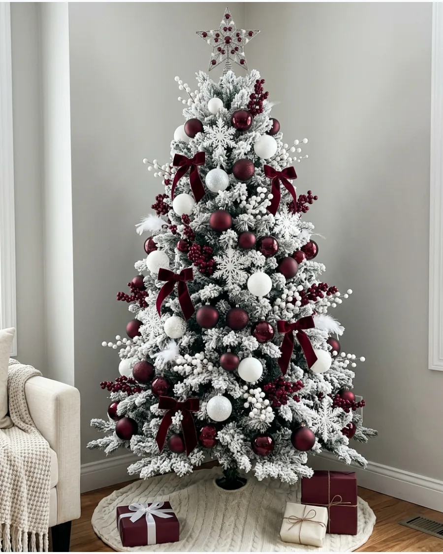 23. Burgundy and White Flocked Christmas Tree
