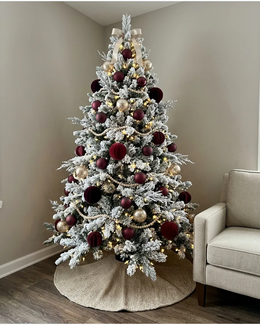 24. Burgundy and Champagne Flocked Tree