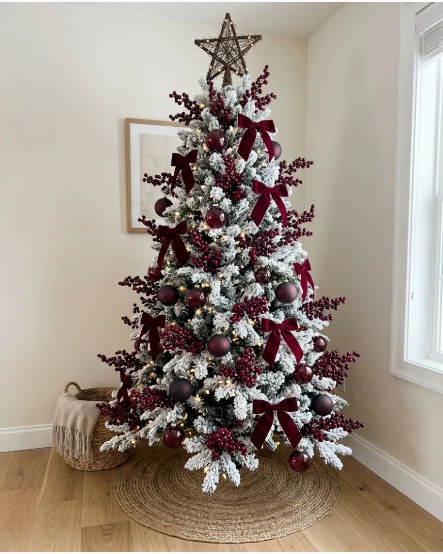 25. Burgundy Berry Flocked Christmas Tree