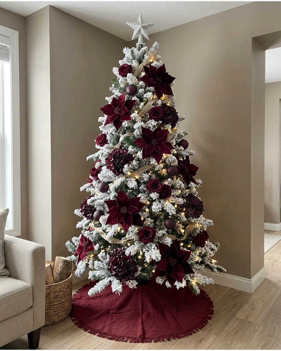 26. Snowy Burgundy Floral Christmas Tree