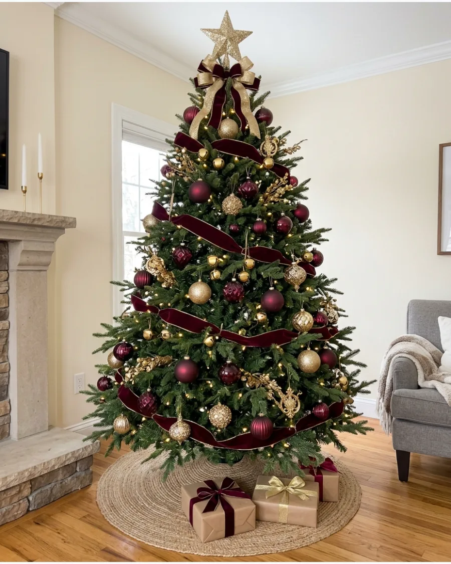 3. Burgundy and Gold Christmas Tree