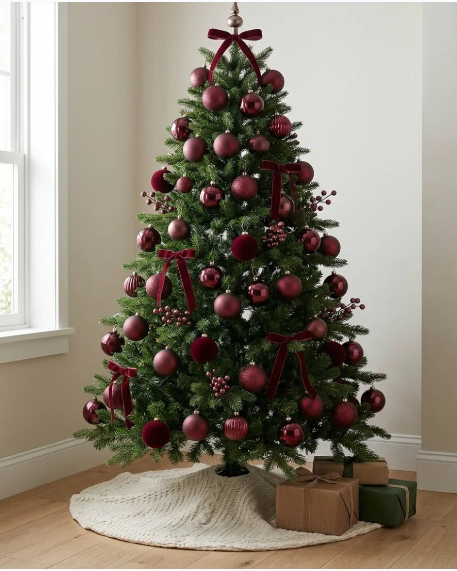 31. Mixed-Finish Burgundy Ornament Tree