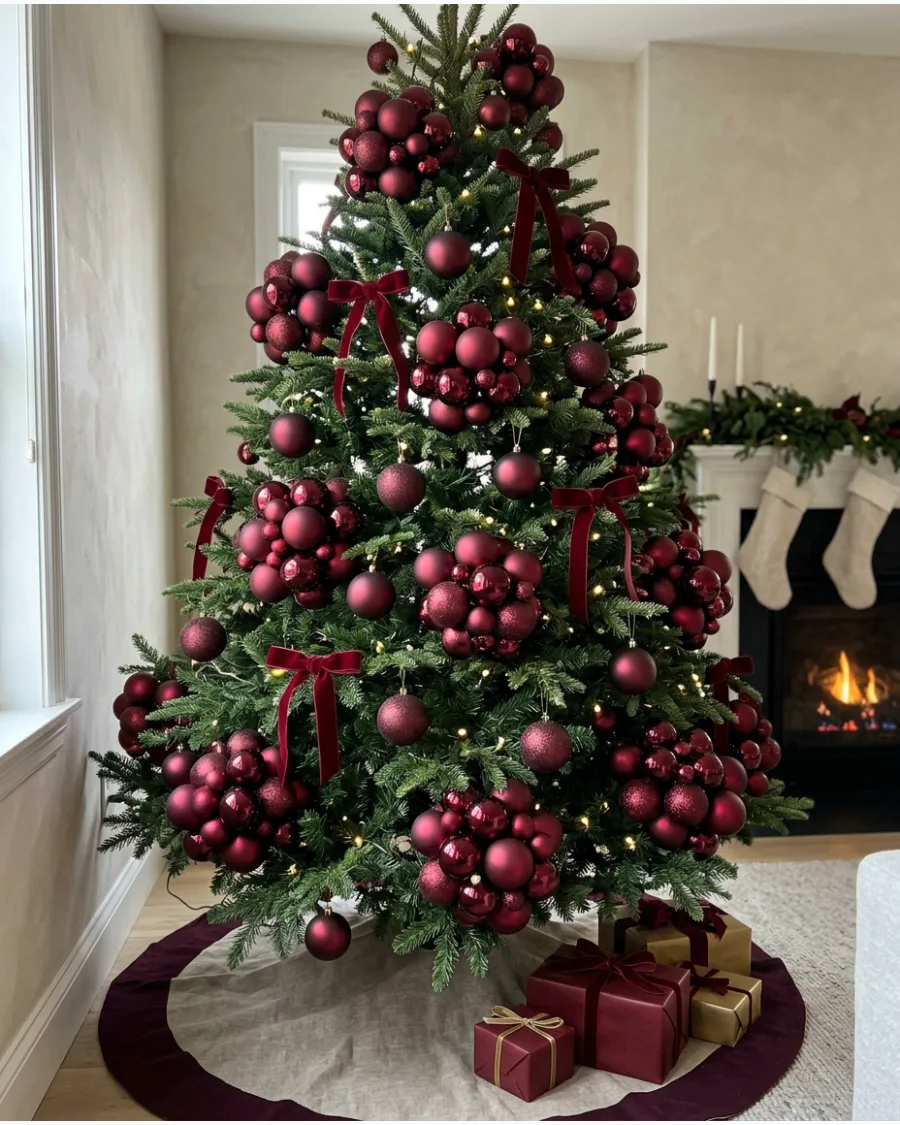 33. Burgundy Ornament Cluster Christmas Tree