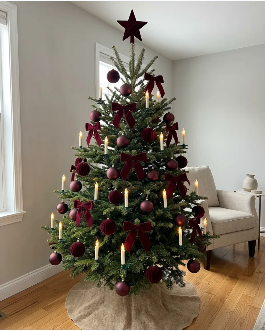 48. Burgundy Christmas Tree With Candle Lights