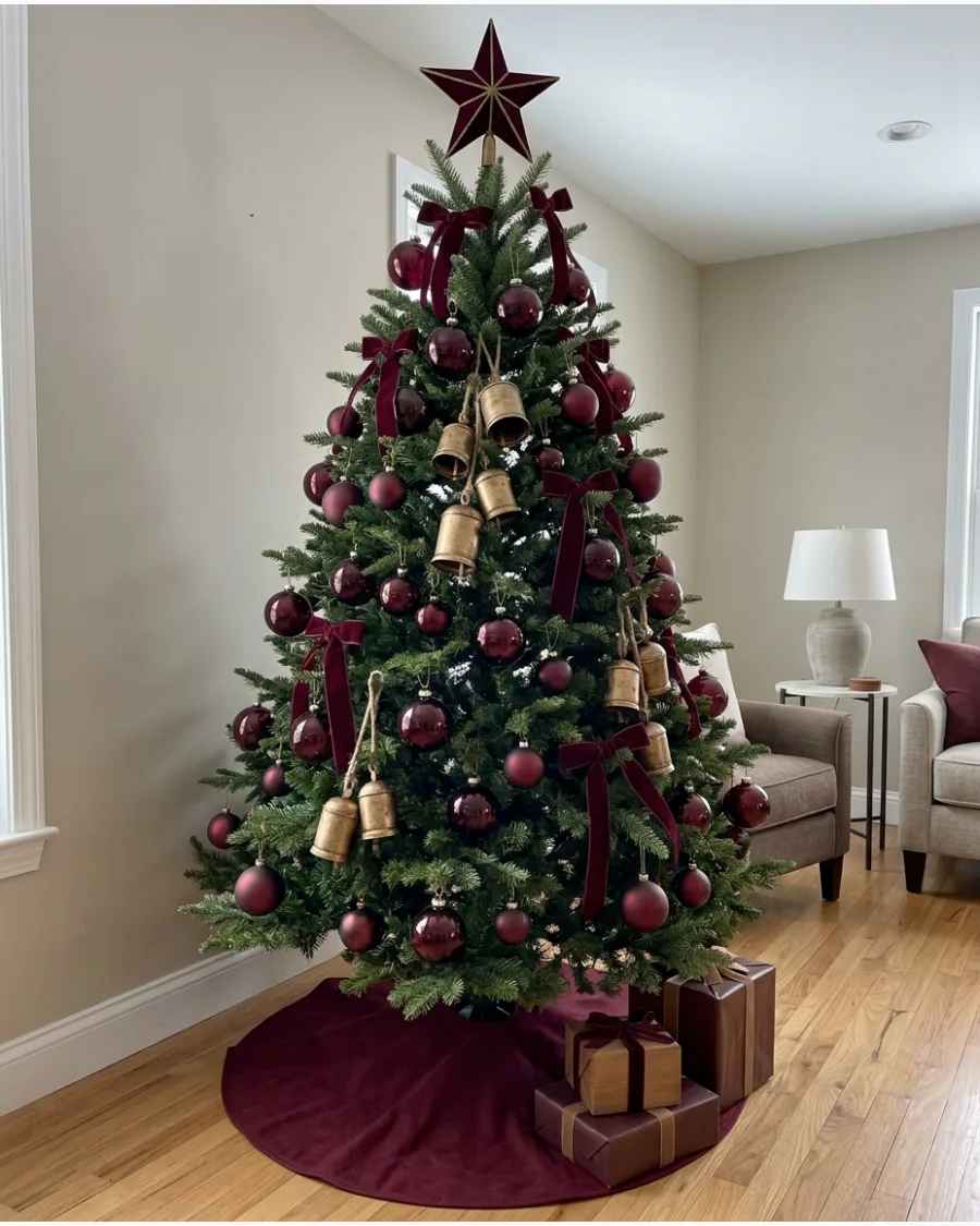 49. Burgundy Christmas Tree With Antique Brass Bells