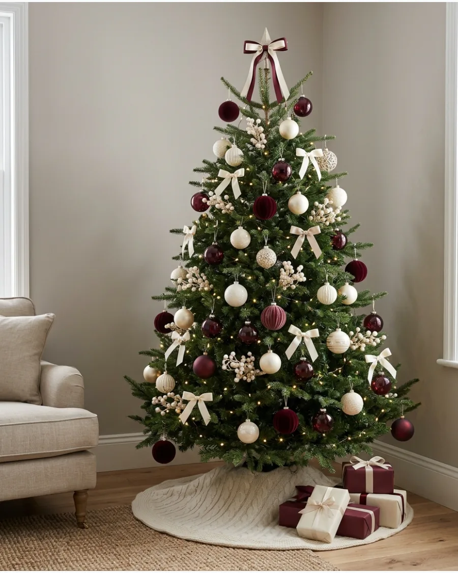 5. Burgundy and Cream Christmas Tree