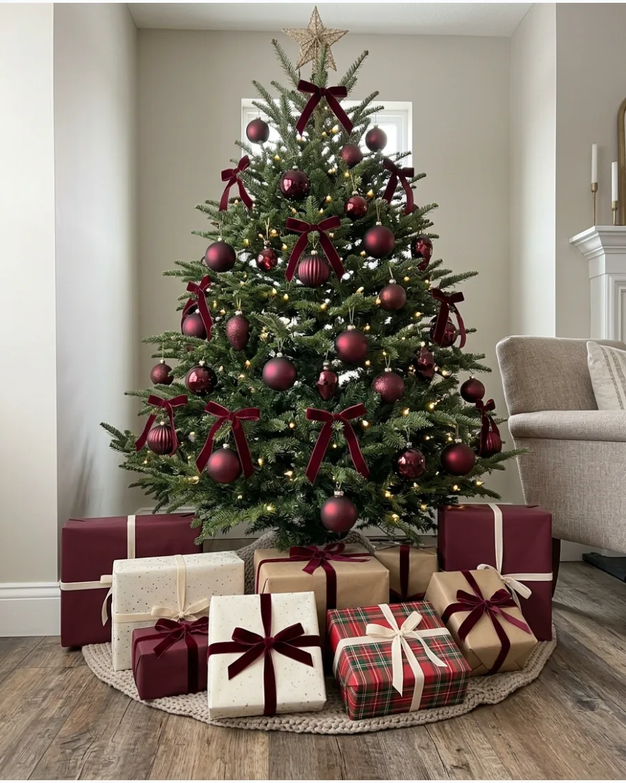 50. Burgundy Christmas Tree With Matching Wrapped Gifts