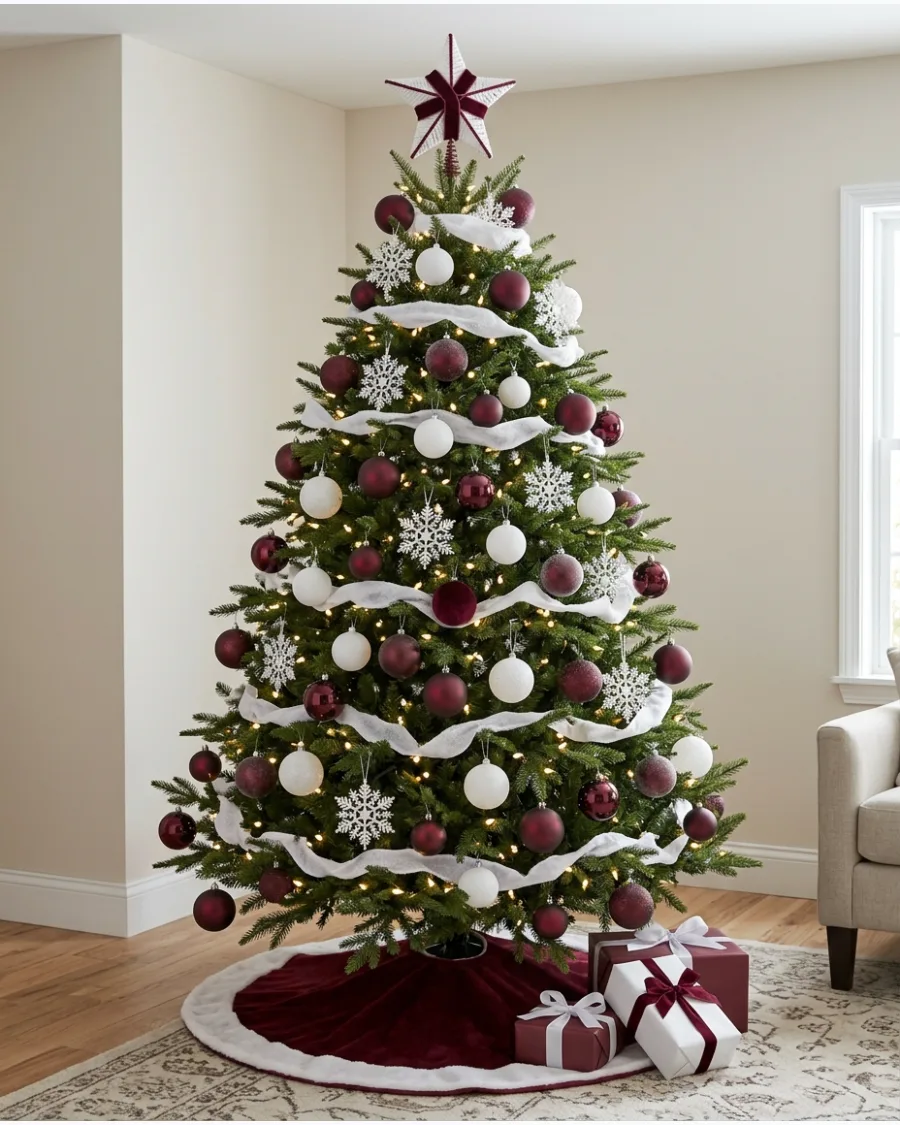 6. Burgundy and White Christmas Tree