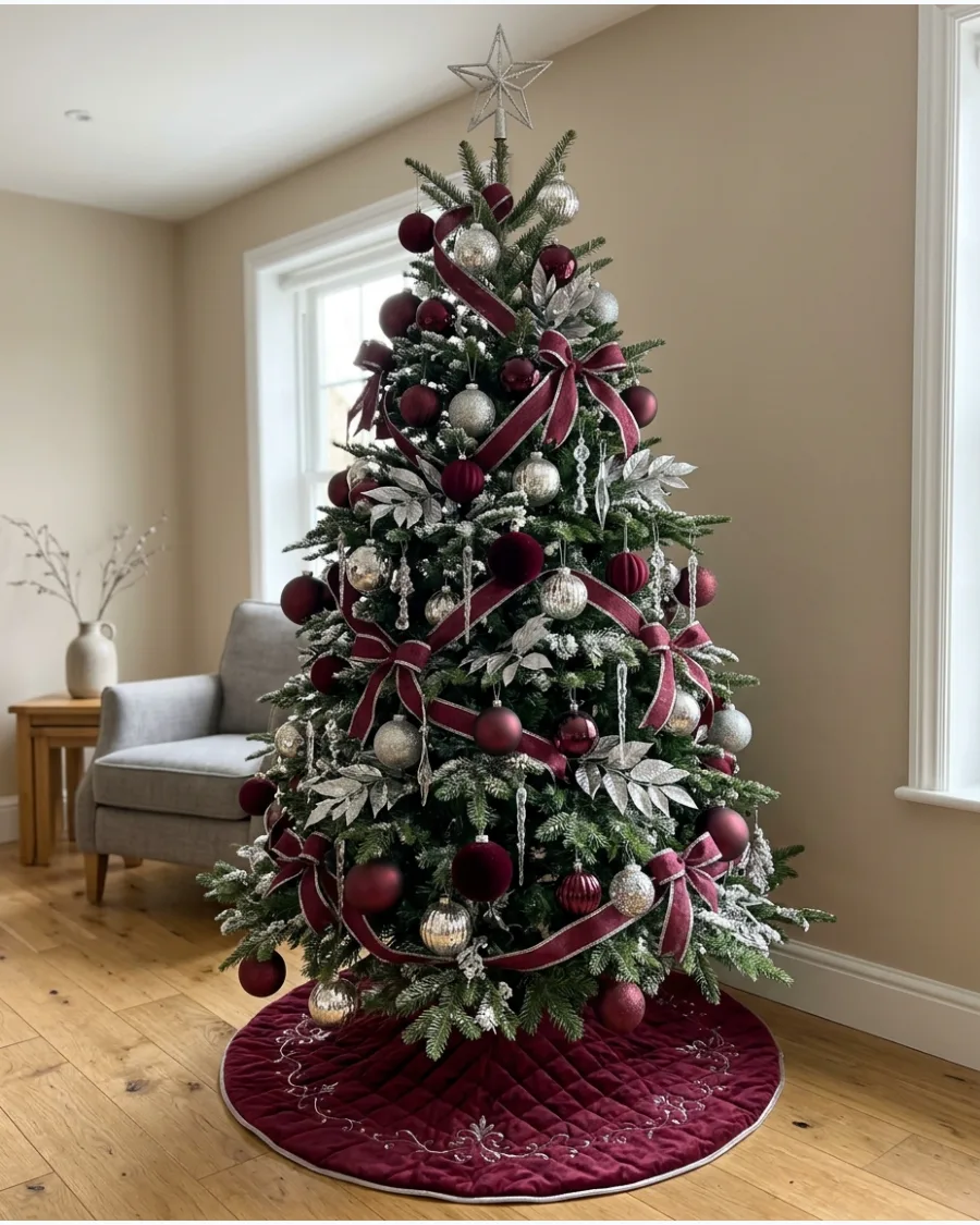 7. Burgundy and Silver Christmas Tree