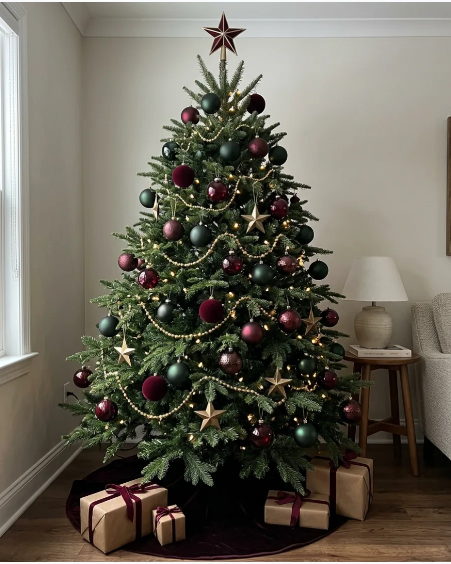 8. Burgundy and Forest Green Christmas Tree