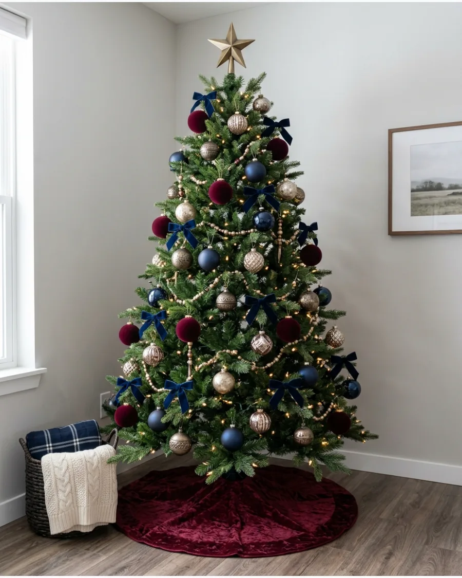 9. Burgundy and Navy Christmas Tree