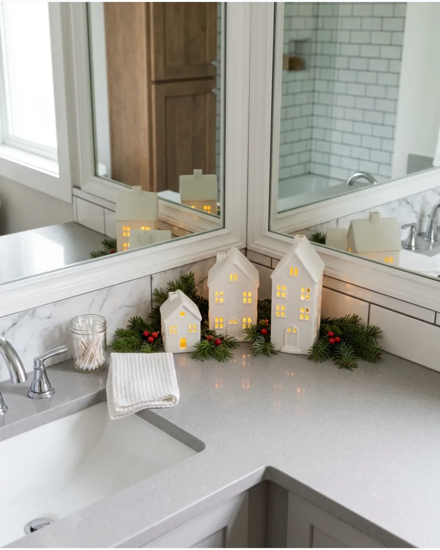 12. Mini Christmas Village on the Bathroom Vanity