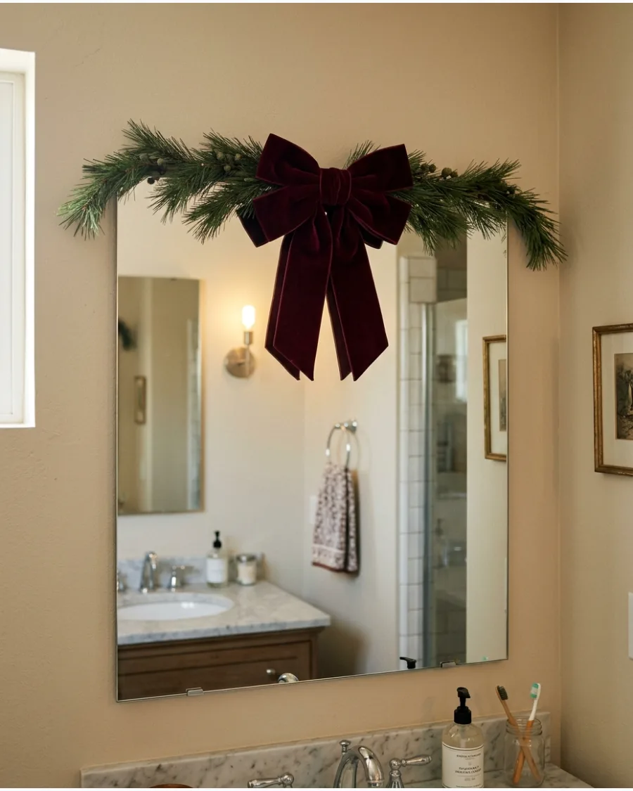 14. Christmas Bathroom Mirror With Velvet Bow