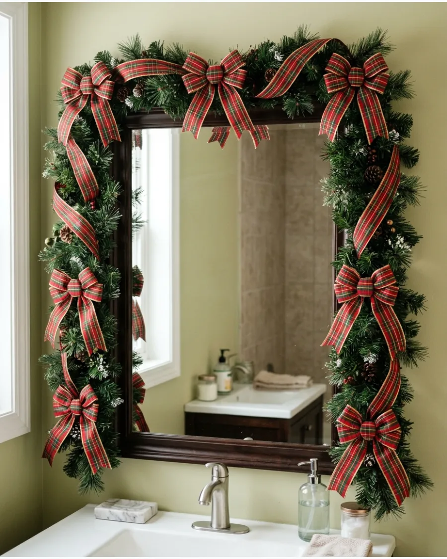15. Christmas Bathroom Mirror With Plaid Ribbon