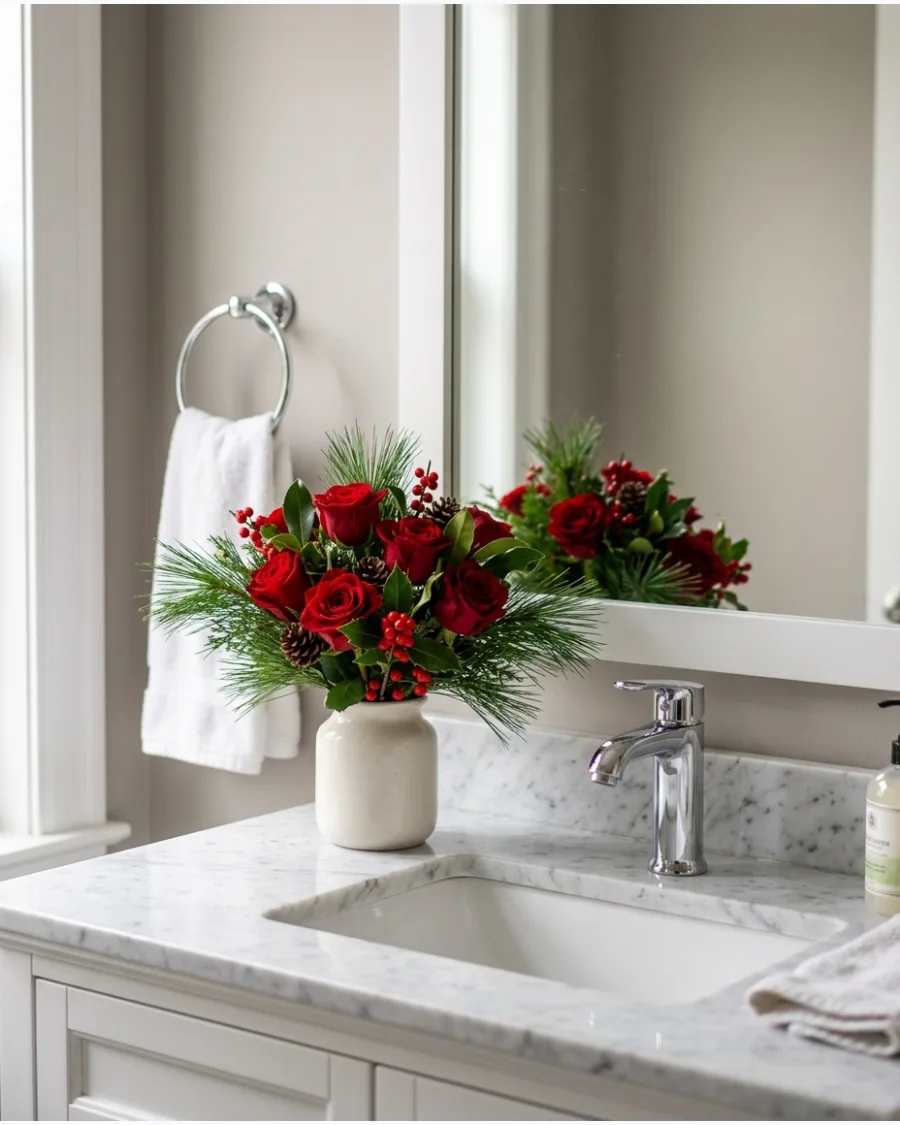 16. Christmas Vanity With Red Roses and Evergreen