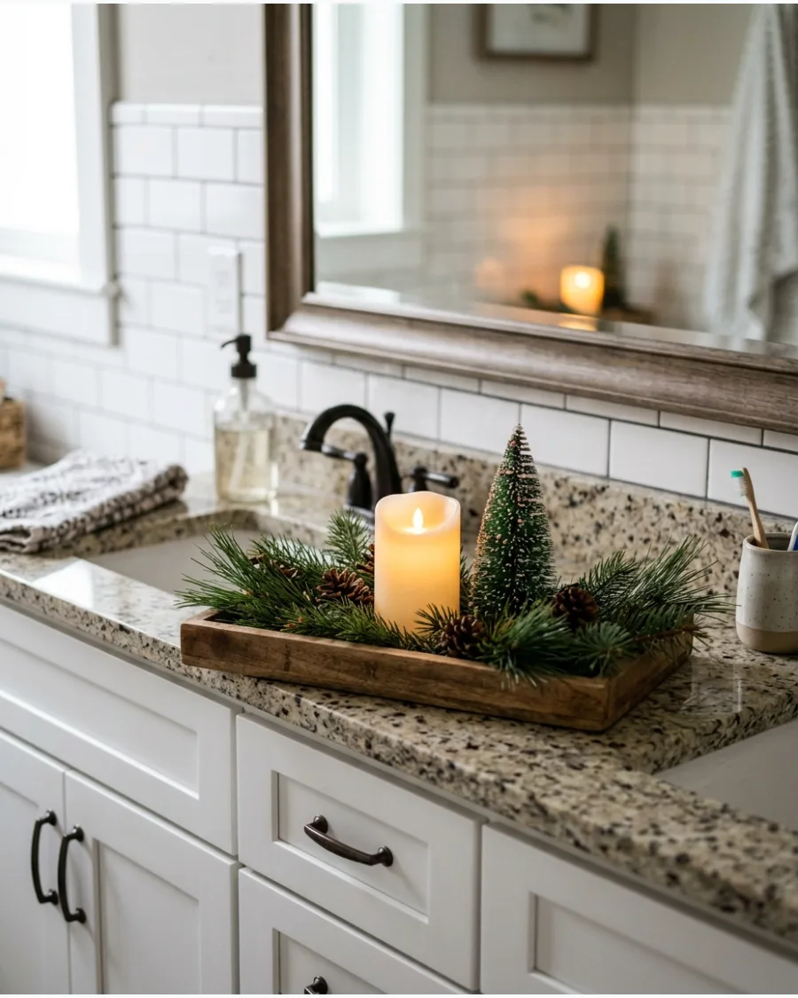 17. Christmas Vanity With Candlelight and Pine