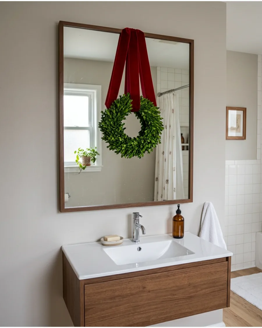 19. Christmas Bathroom With a Wreath Hanging on the Mirror