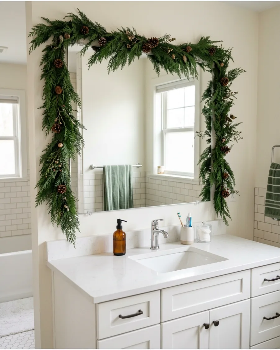 2. Christmas Bathroom With Evergreen Mirror Garland