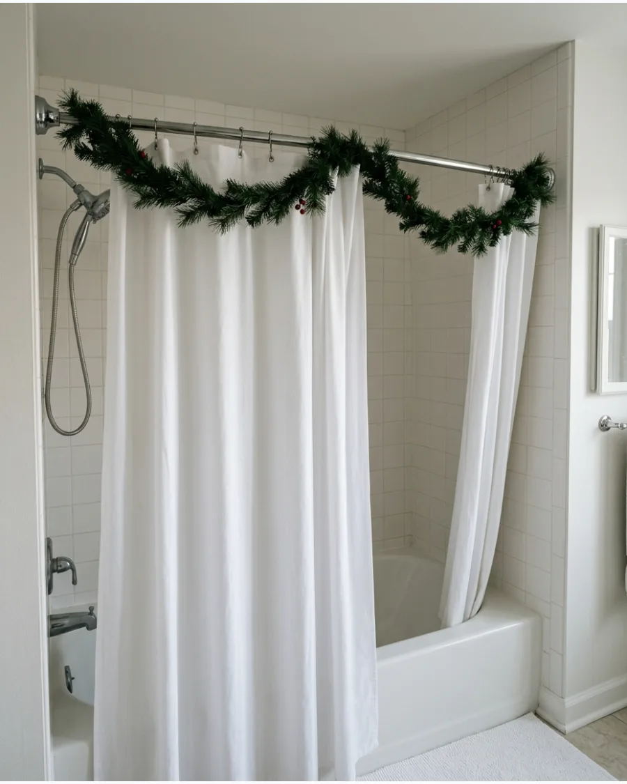 22. White Shower Curtain With Christmas Garland