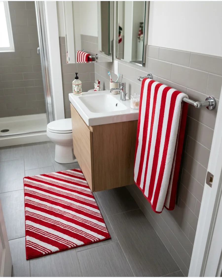 24. Candy Cane Stripe Christmas Bathroom