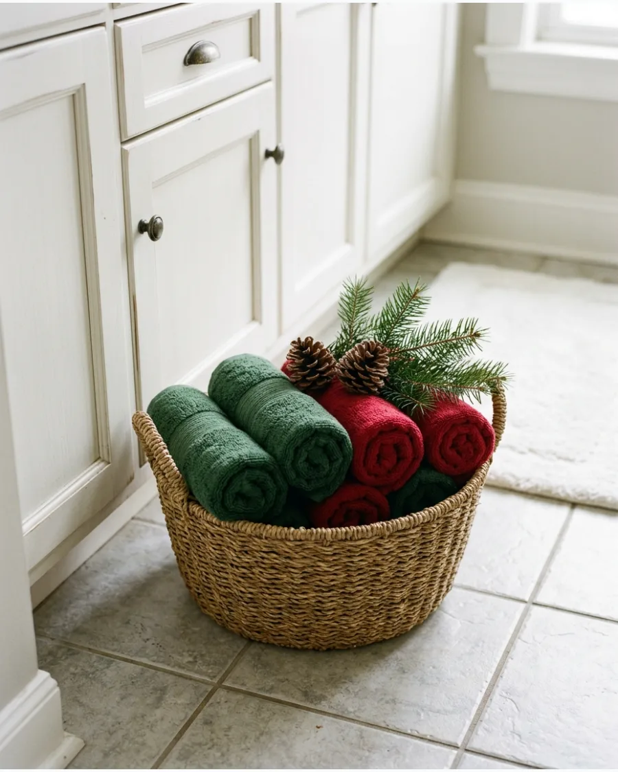 27. Christmas Towels Rolled in a Woven Basket