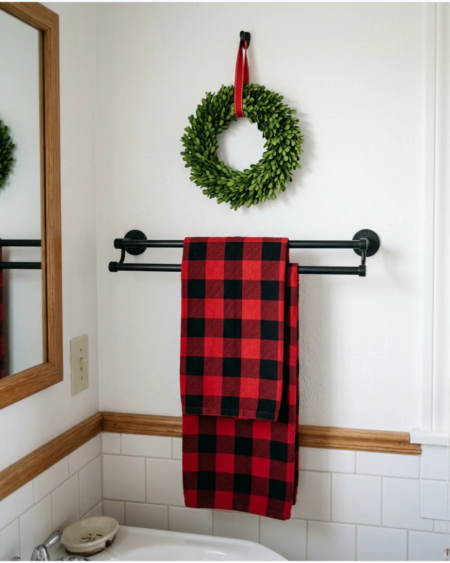 29. Plaid Towel Christmas Bathroom