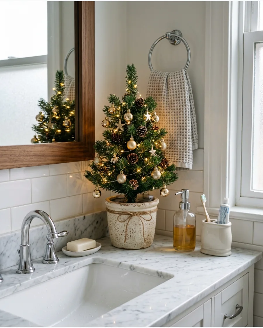 3. Mini Christmas Tree on the Bathroom Vanity