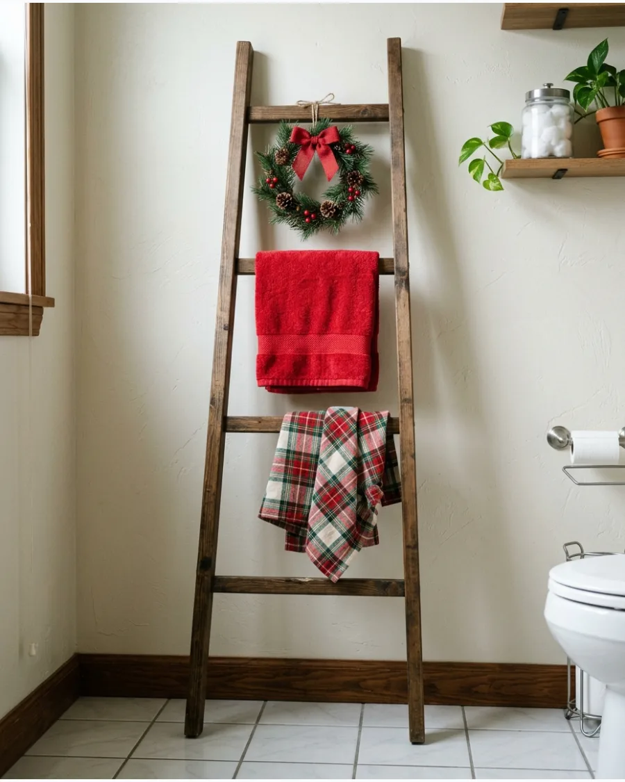 30. Christmas Bathroom Towel Ladder