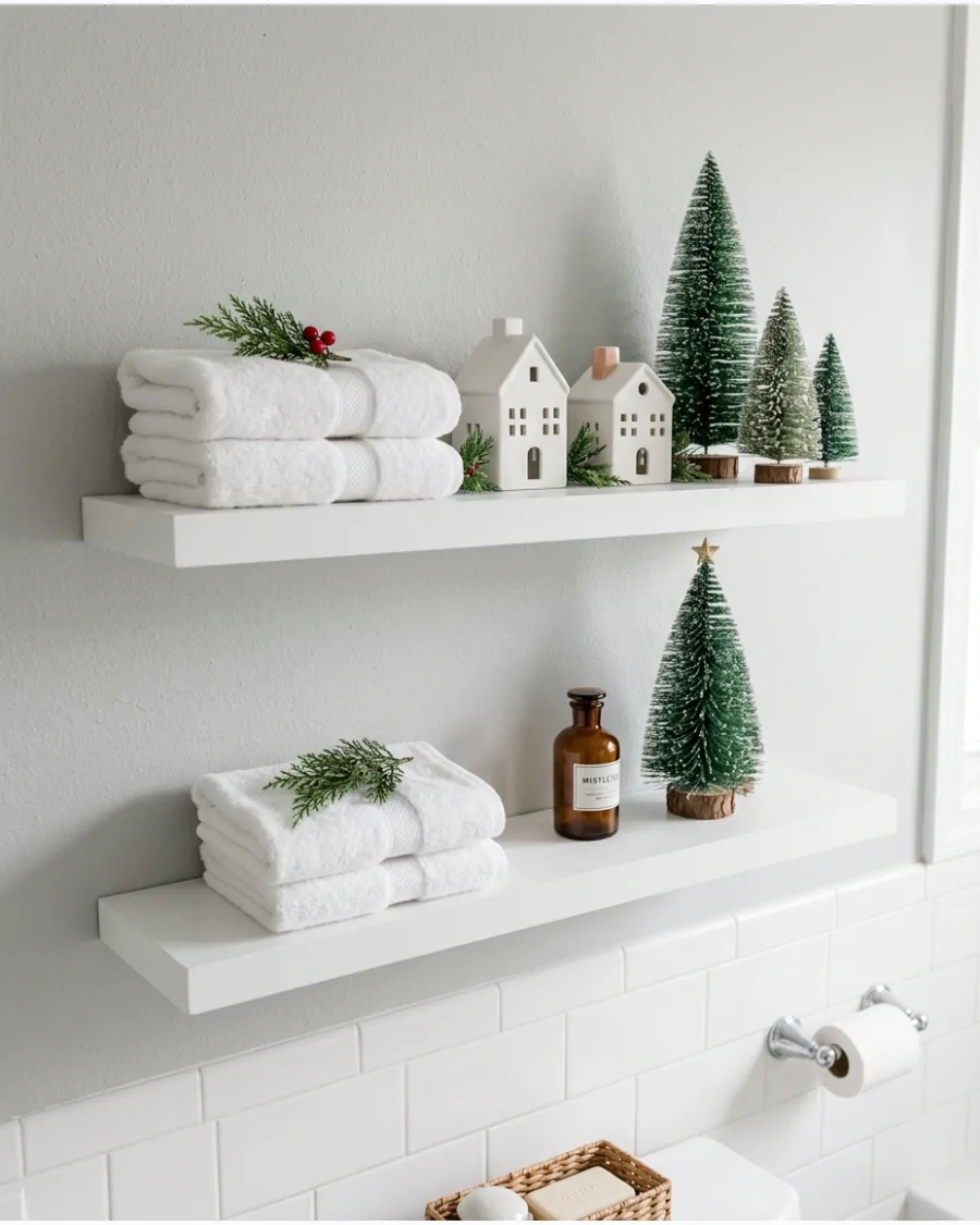 31. Christmas Bathroom Floating Shelf Decor