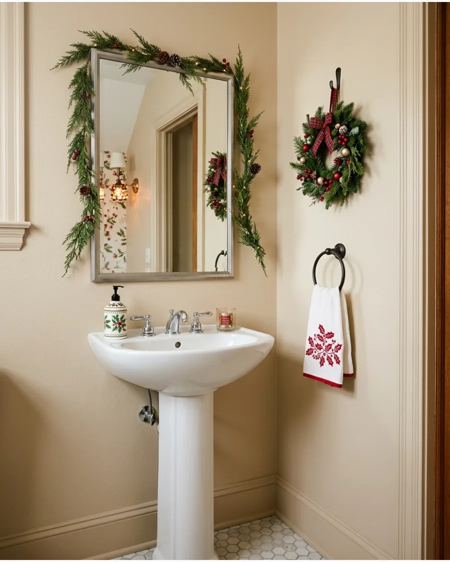 34. Small Powder Room Christmas Decor