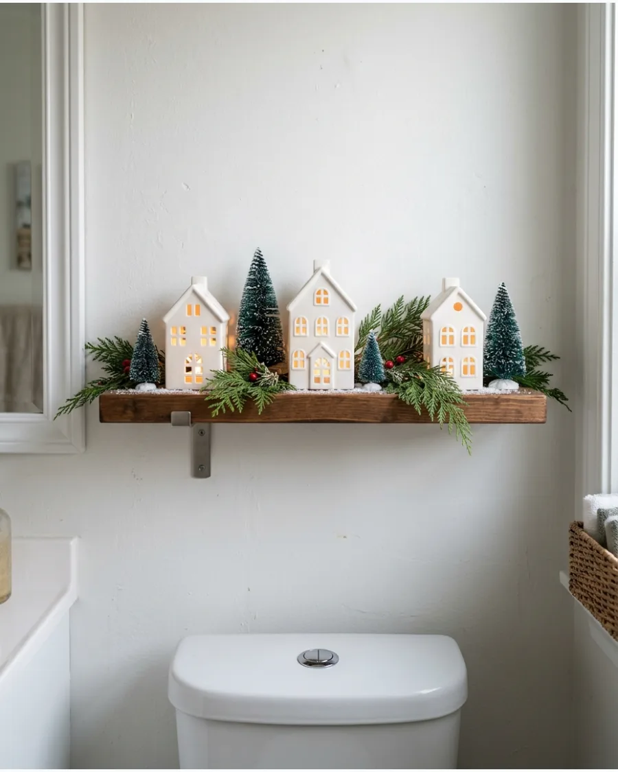 39. Christmas Bathroom Shelf With Ceramic Houses