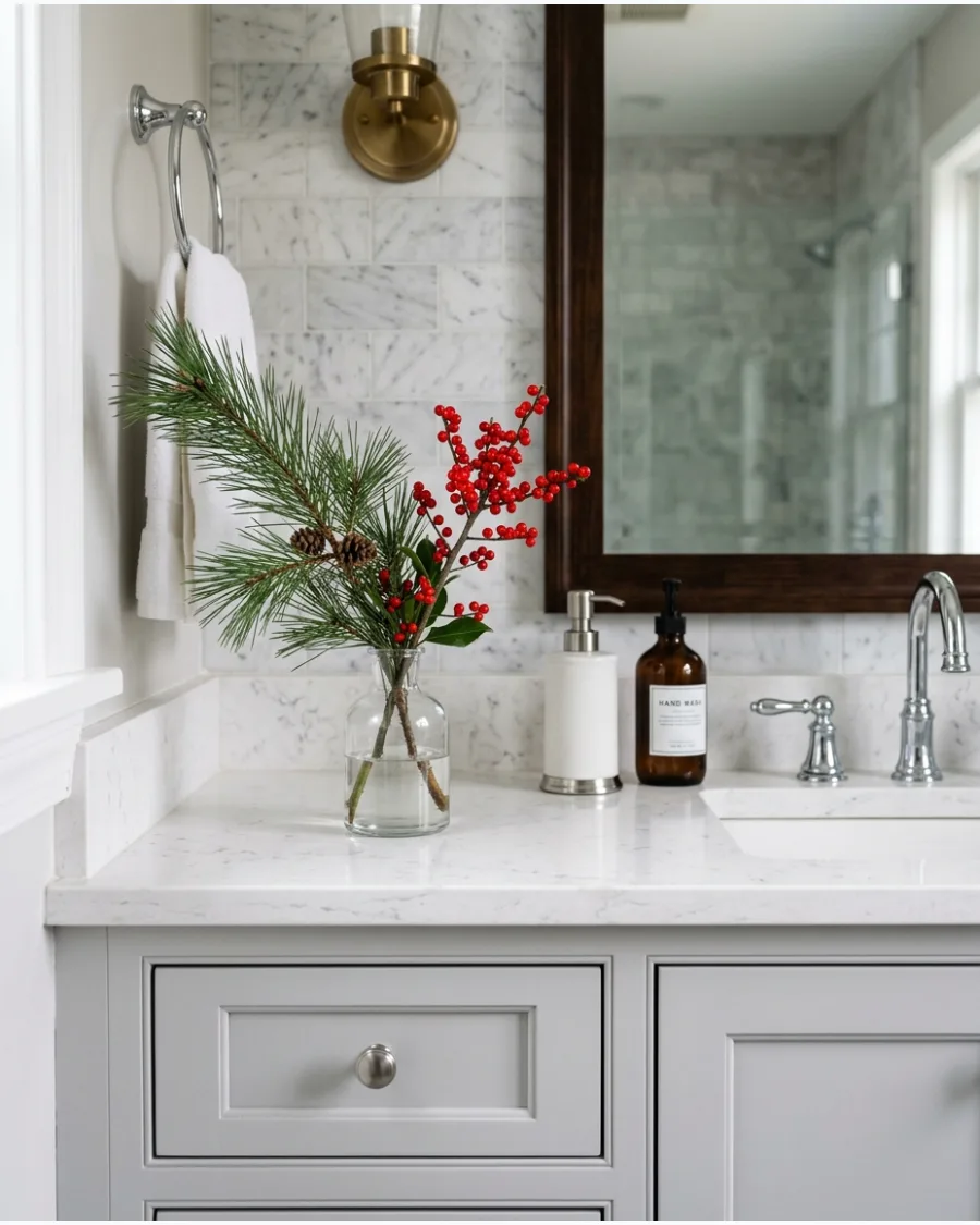 7. Christmas Bathroom With Pine and Red Berry Accents