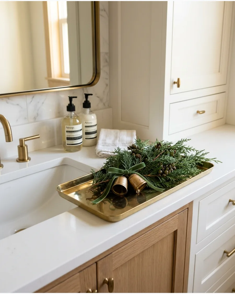 9. Christmas Bathroom With Brass and Greenery