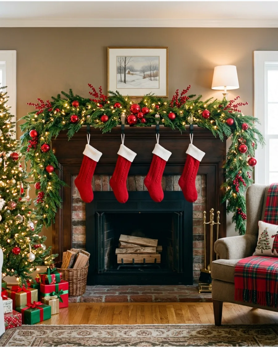 1. Traditional Red and Green Christmas Mantel