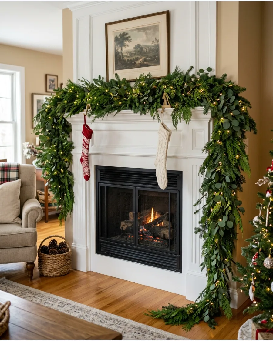 11. Extra-Full Cascading Christmas Garland Mantel