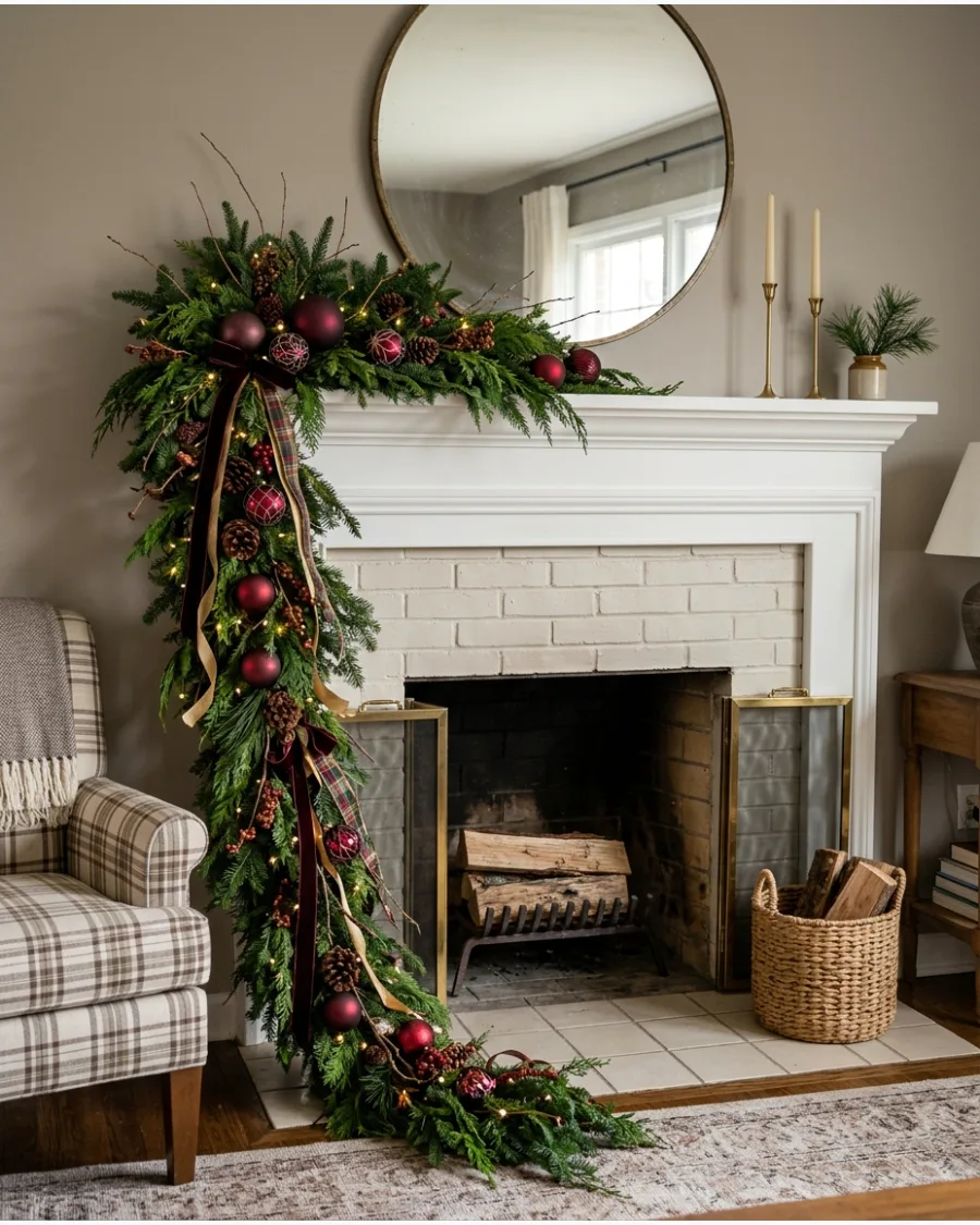 12. Asymmetrical Christmas Fireplace Mantel