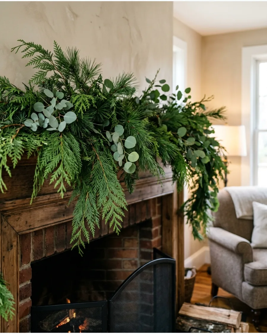 13. Layered Cedar and Pine Christmas Mantel