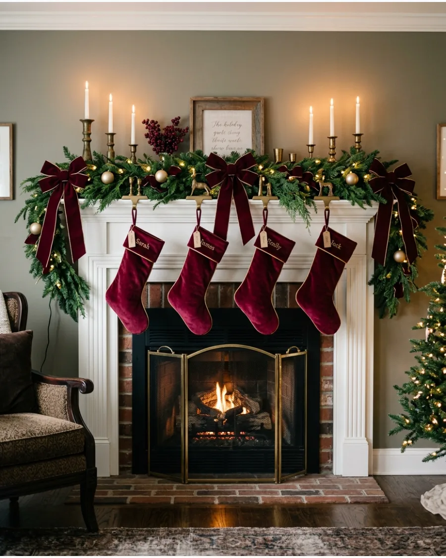 14. Burgundy Velvet Christmas Mantel